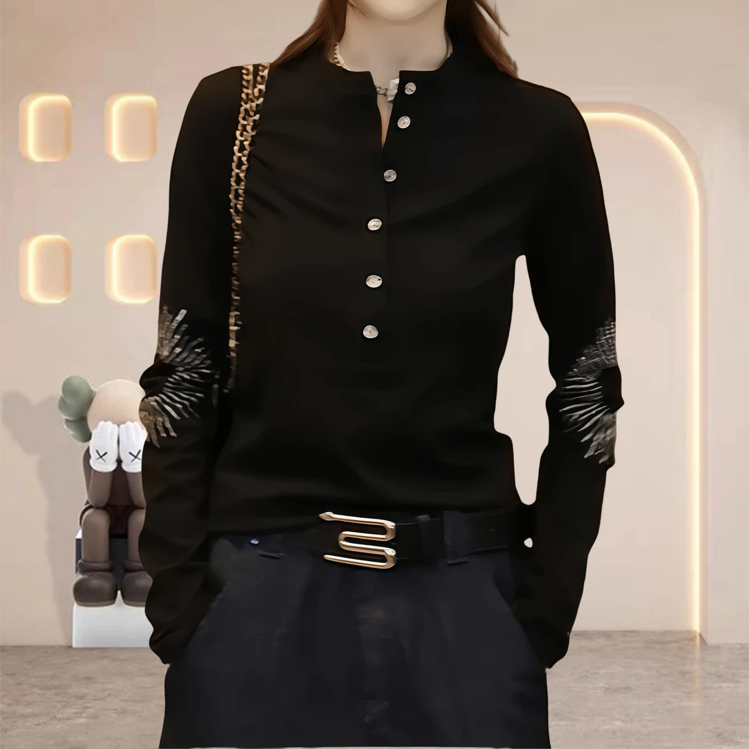 2025新款纽扣修身显瘦百搭上衣秋季酷飒风女装高级感烫钻长袖T恤