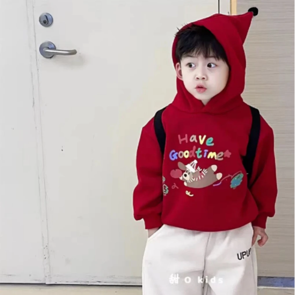 男女童套装加绒红色2025秋冬连帽卫衣过年裤子圣诞节