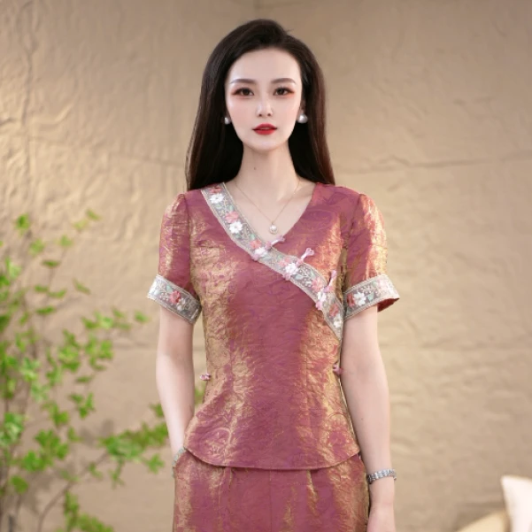 2025时尚爆款气质国风刺绣洋气百搭收腰两件套套装穿搭