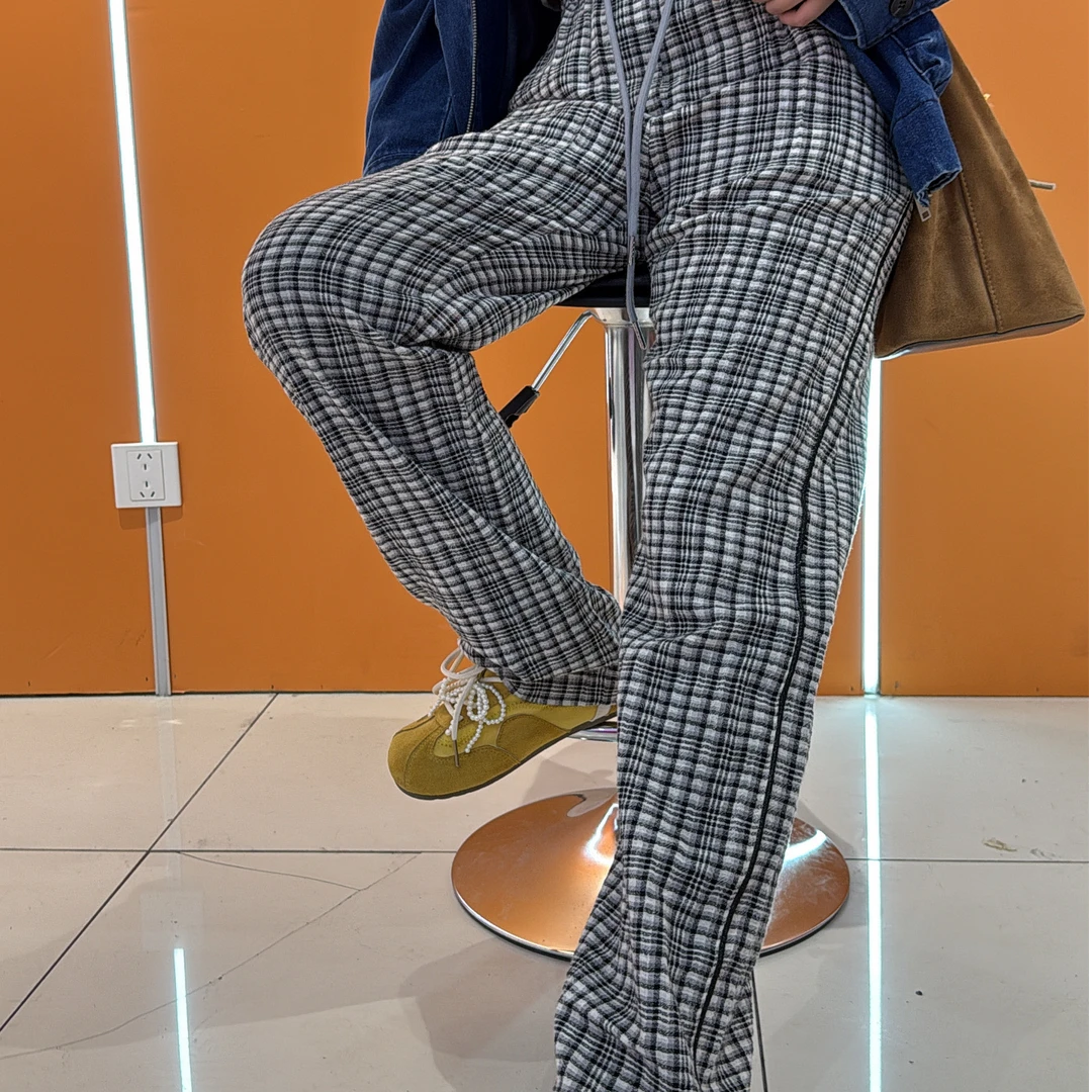 全棉春夏网红格子裤百搭时尚单品休闲阔腿格纹直筒