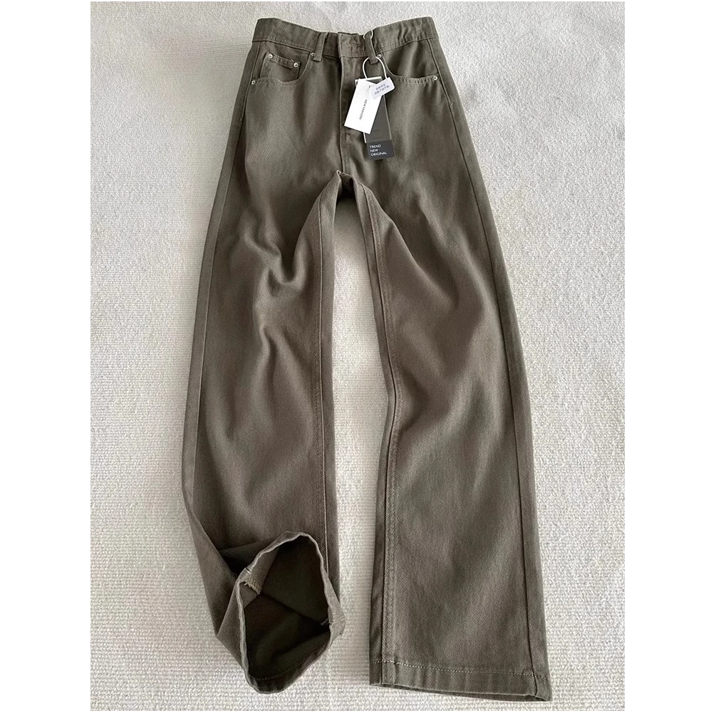 奶茶棕纯棉直筒微喇裤男美式高街垂感牛仔裤hiphop潮牌工装伐木裤