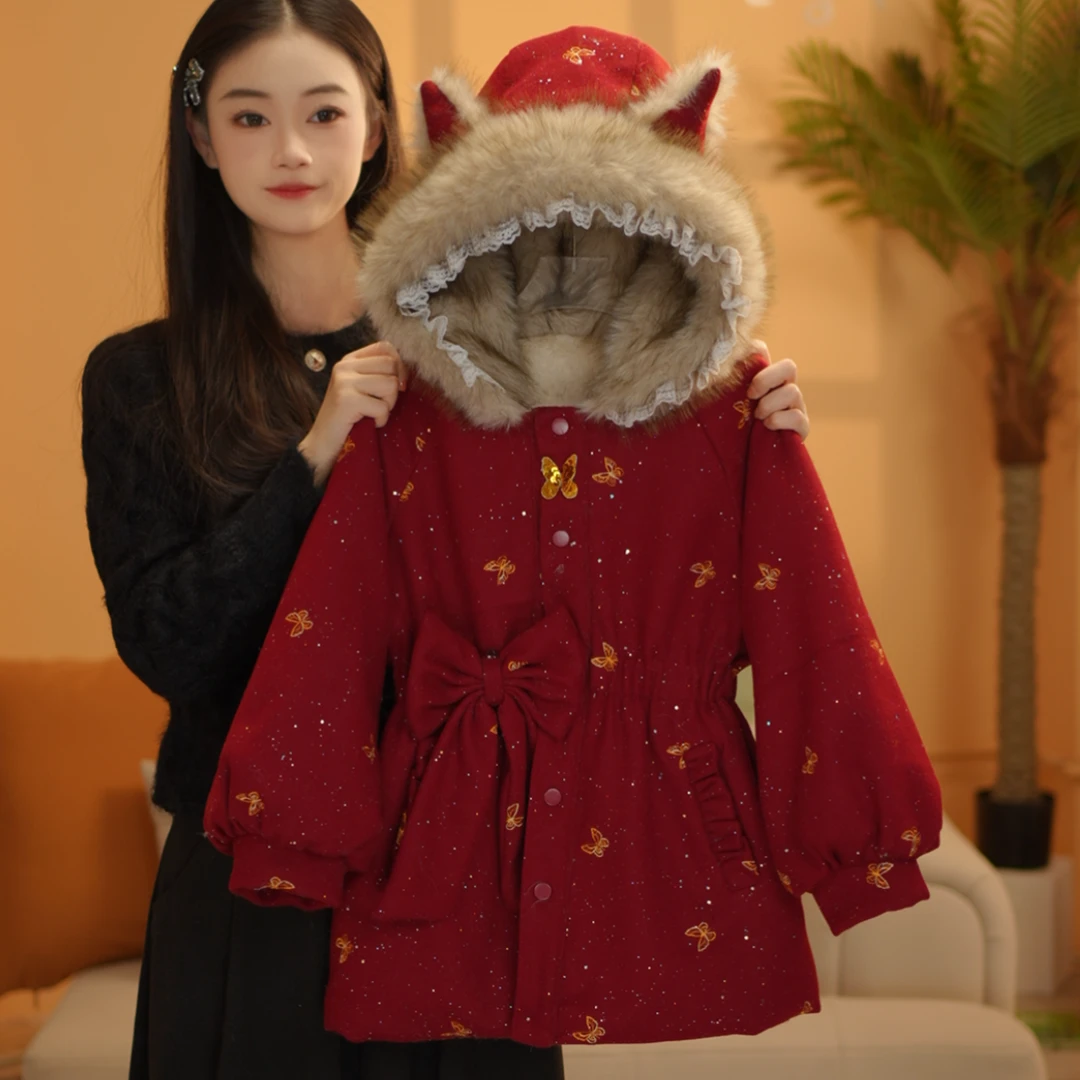 女童冬季2026新年拜年服连帽加厚加绒外套测1