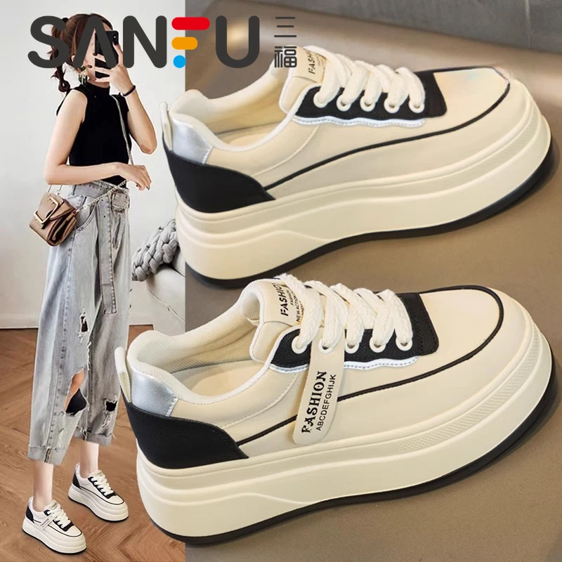 三福厚底内增高小个子小白鞋女鞋2025春秋新款百搭休闲鞋运动鞋