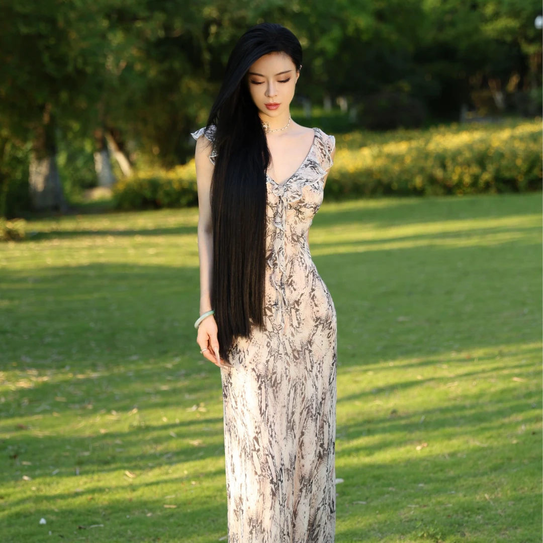 2025夏季新款 设计师款自由之舞蛇纹吊带长裙