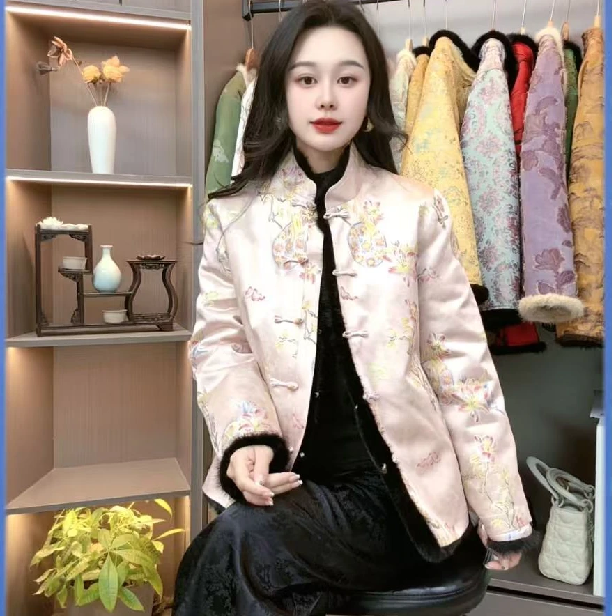 双面穿新中式冬季皮毛一体立领上衣水貂毛新中式唐装提花外套S062