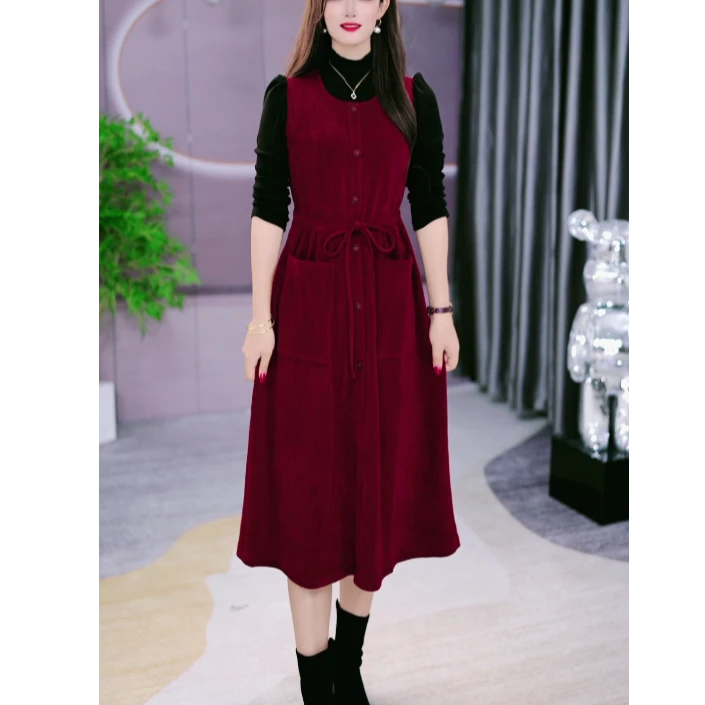 （8520）时尚洋气假两件灯芯绒连衣裙女秋冬季修身显瘦中长款裙子