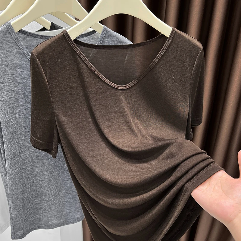 冰丝面膜咖色短袖T恤女夏季新款时尚百搭针织打底衫微透V领上衣薄