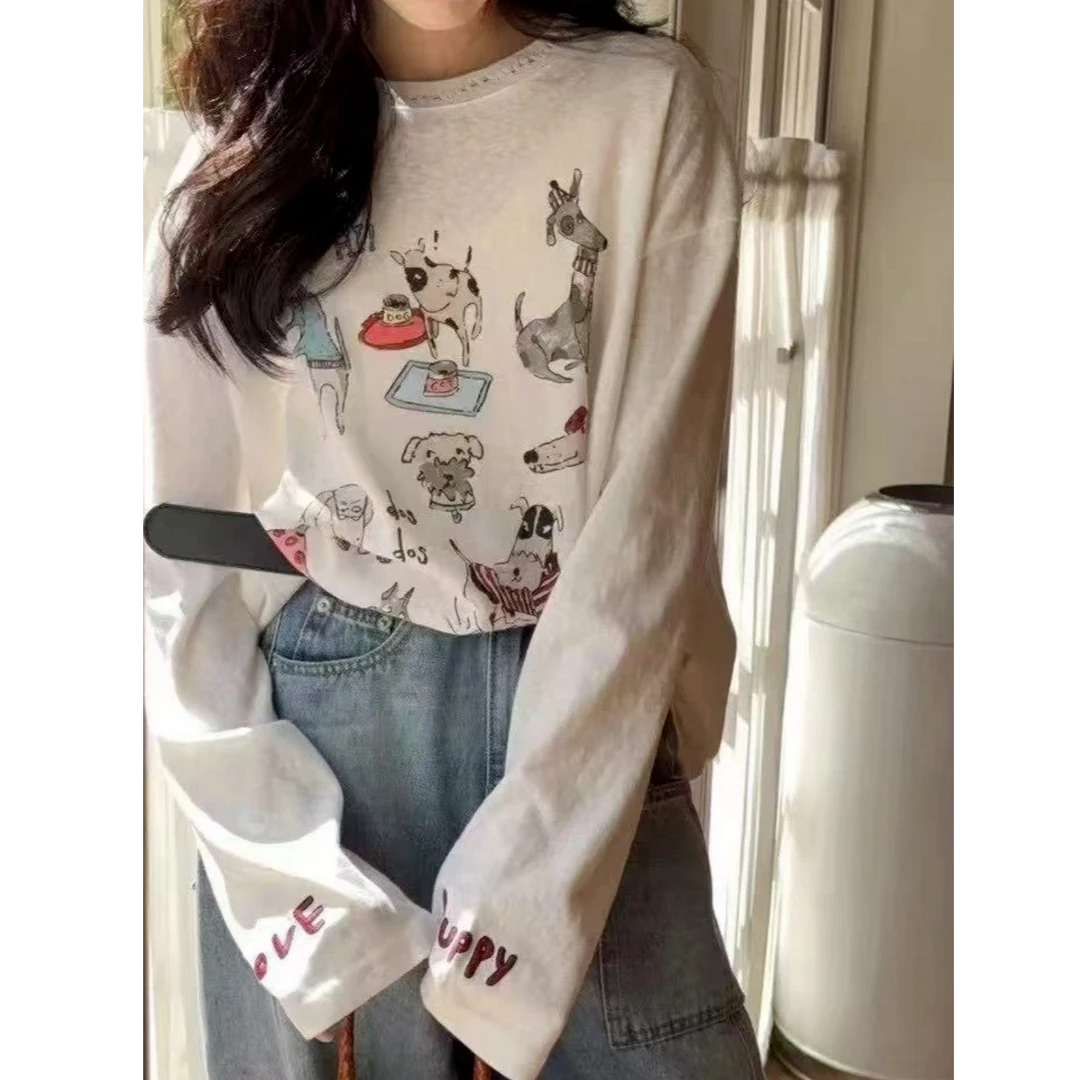 欧货趣味狗狗印花字母刺绣T恤2025休闲减龄破洞针织圆领长袖T恤衫