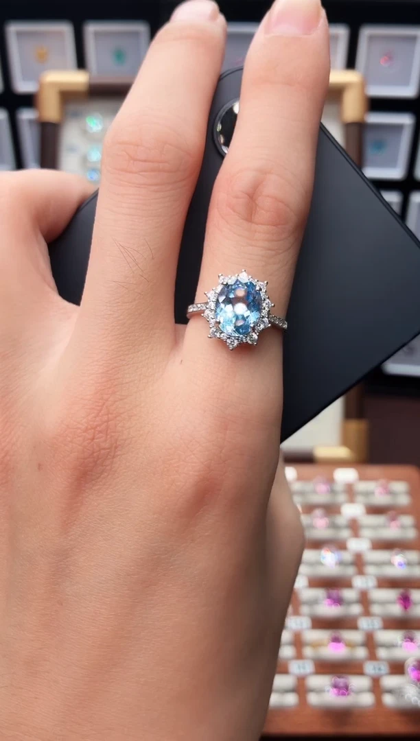 银S925镶嵌戒圈海蓝宝石00