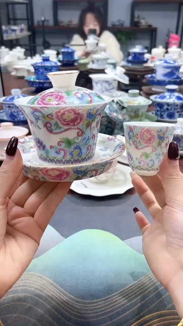 【闪购商品】掐银富贵红牡丹盖碗+2杯