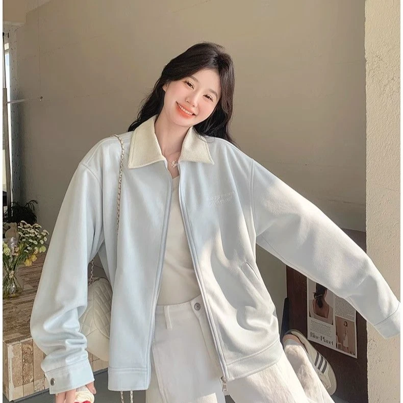 美式潮牌外套女春秋季宽松百搭设计感撞色拼接翻领夹克上衣