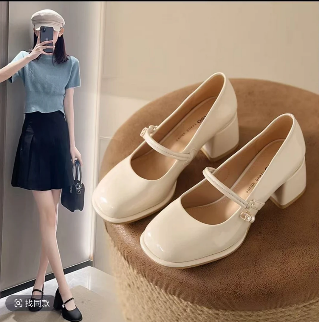 2025新款时尚百搭气质温柔中跟软皮浅口粗跟防滑春秋复古女鞋