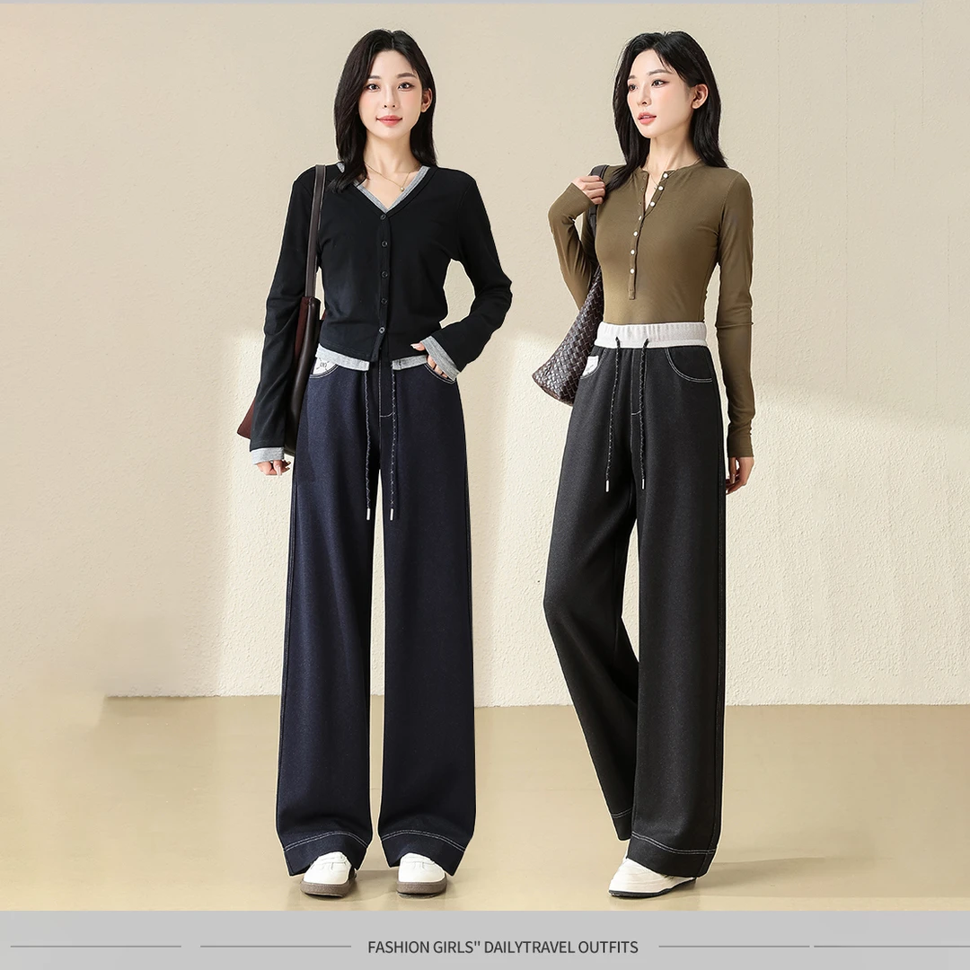 秋冬撞色阔腿裤高腰女牛仔裤藏肉森系复古风RZ2516