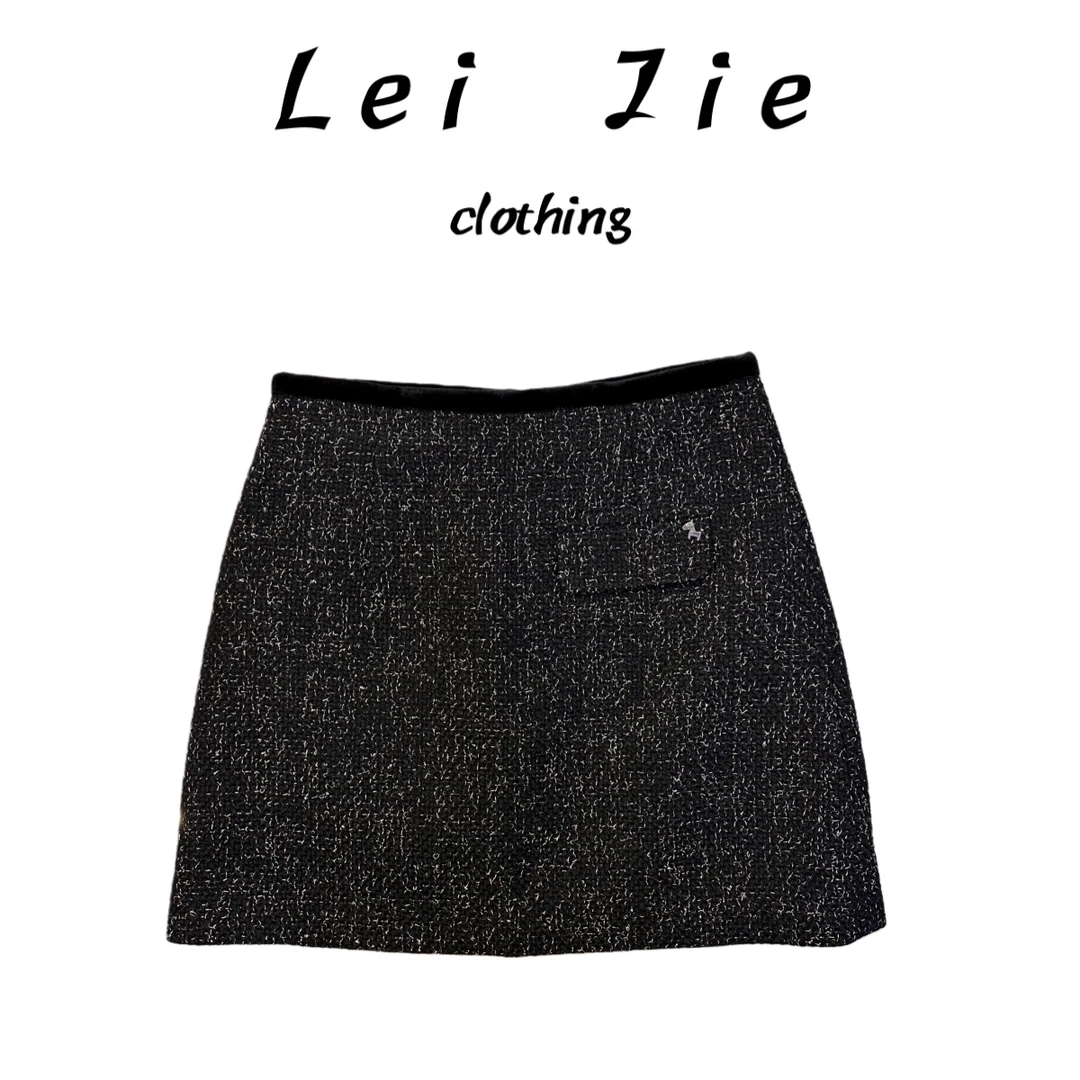 【Lei Jie】丝绒拼接细闪毛呢短裙5676