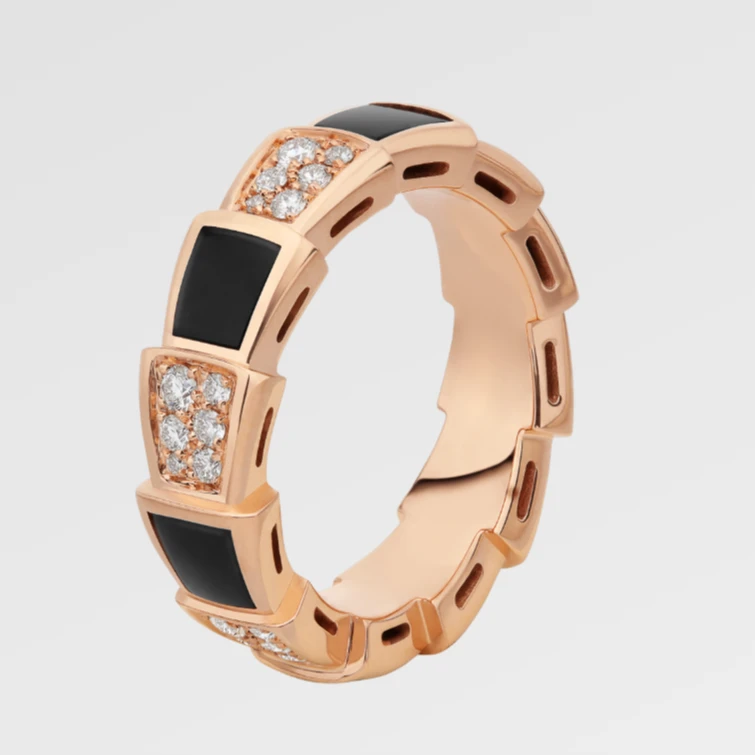 99新 BVLGARI/宝格丽 宝格丽18k金满钻蛇骨戒指51码黑玛瑙/盒子