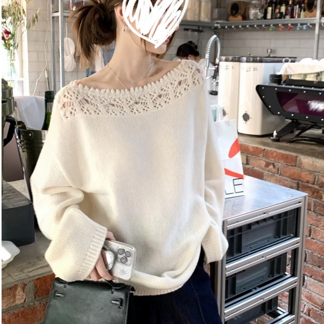 FCYSTUIDOHZJ韩系温柔镂空花边一字领针织衫女秋长袖宽松慵懒上衣