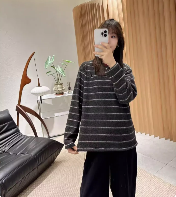 【褚培培自制】CHUPEIPEI/条纹控/秋冬加厚圆领拼色气质直筒显瘦女