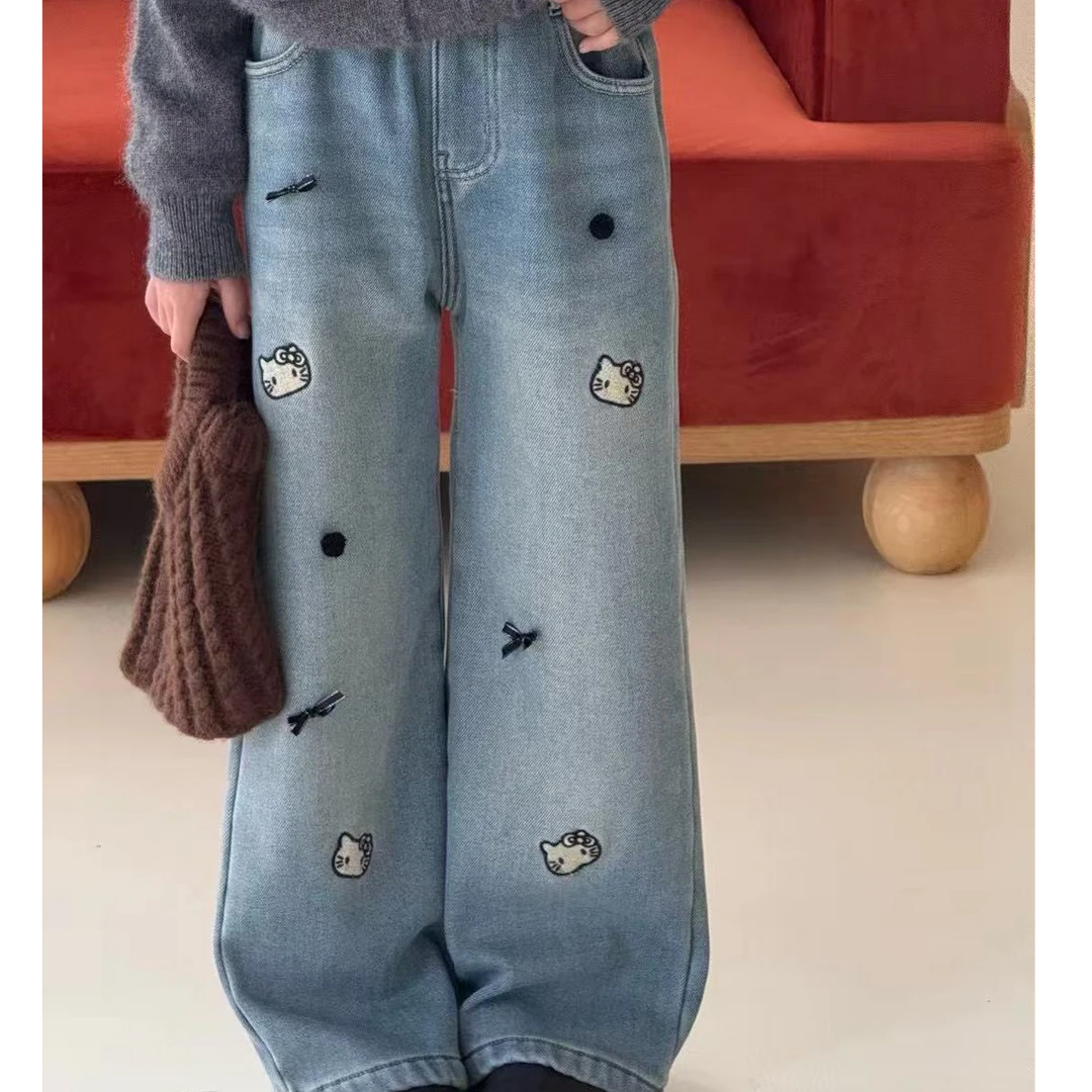 PEACH2025新款冬款复合牛仔刺绣一体绒儿童长裤时尚百搭99031