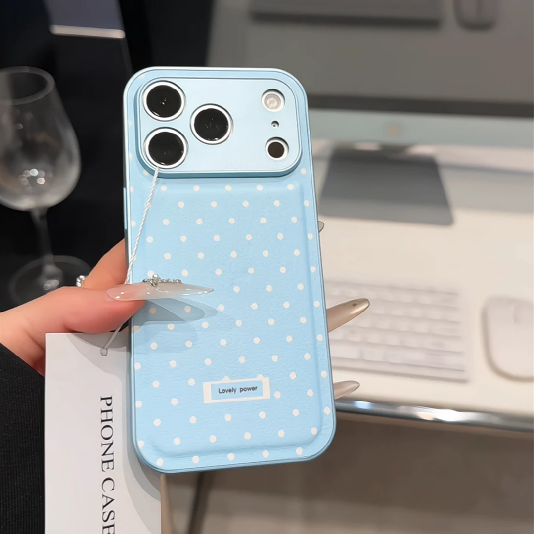 蓝色波点适用苹果17pro手机壳16pm小众女华为p70金属皮纹防摔小米