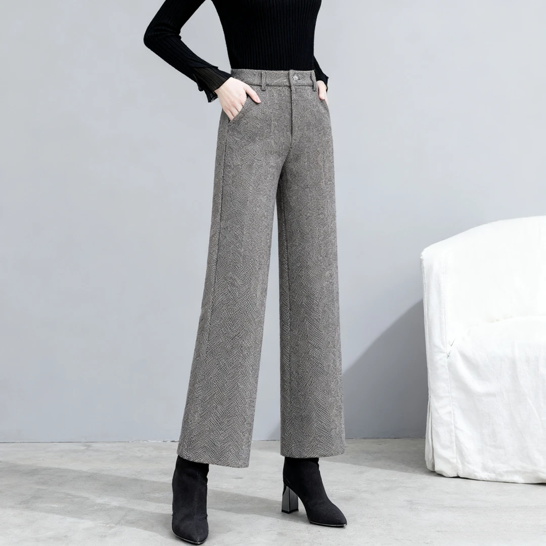 2025秋冬加厚毛呢裤子女高腰加绒宽松中年妈妈休闲长裤西装阔腿裤