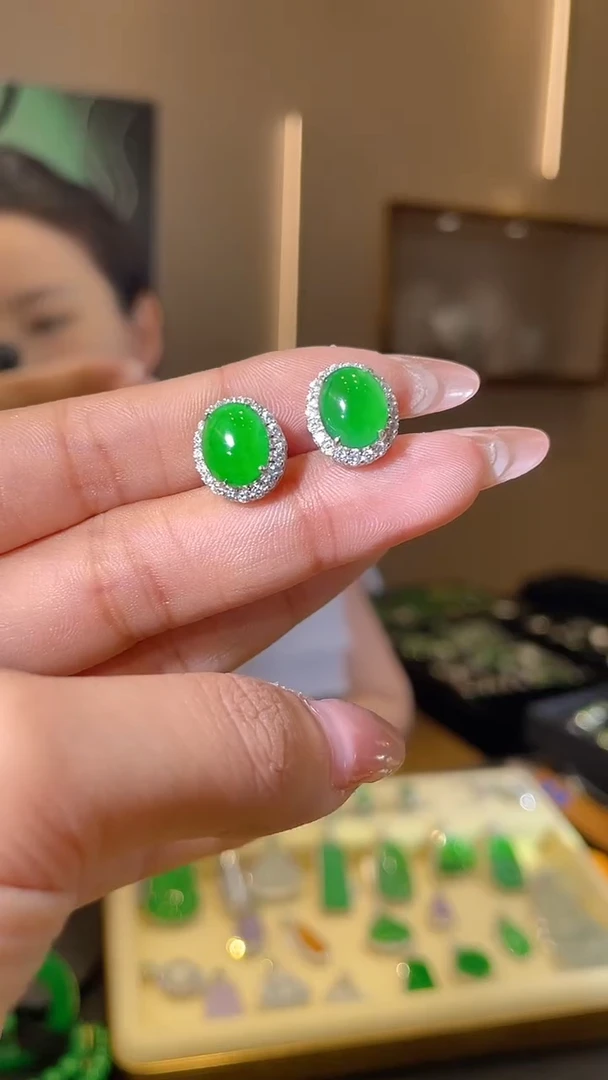 翡翠银S925镶嵌耳饰天然翡翠A货