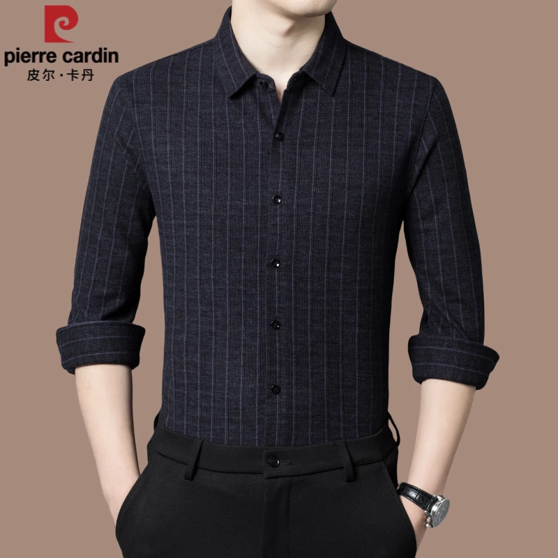【国际大牌皮尔卡丹】高档男士含羊毛衬衫秋冬季条纹加厚打底衬衣男