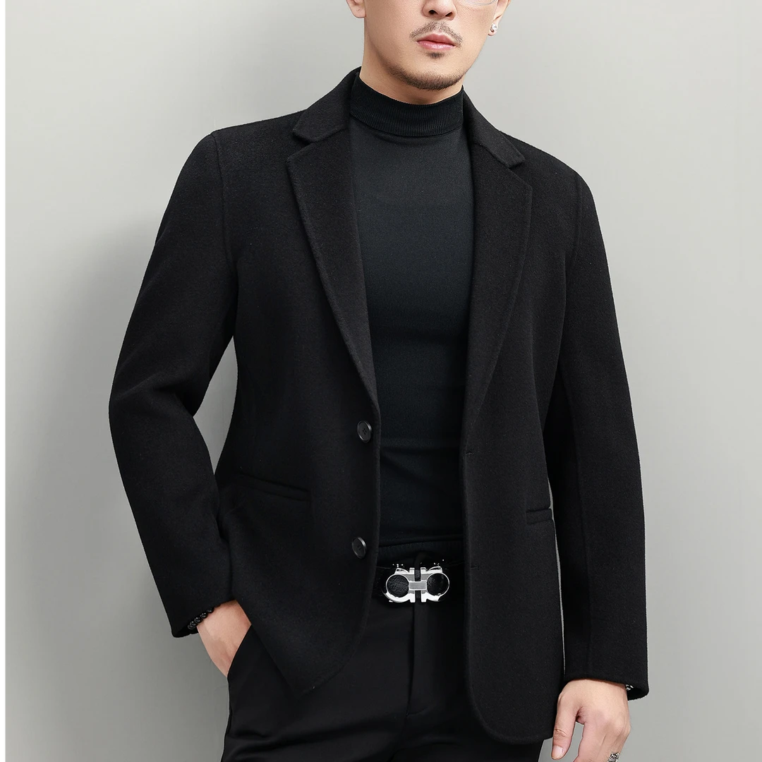 2025秋冬轻奢男士双面羊毛呢子短款西服100%羊毛保暖商务休闲外套