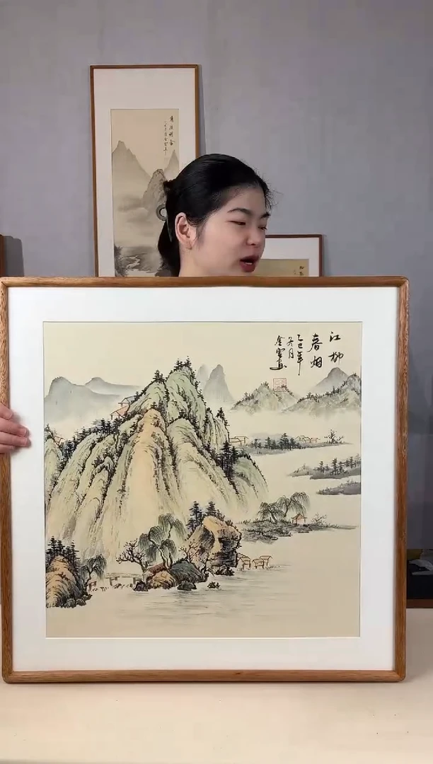 国画手绘*江柳春烟*62*62cm发黑胡桃色框*介意勿拍