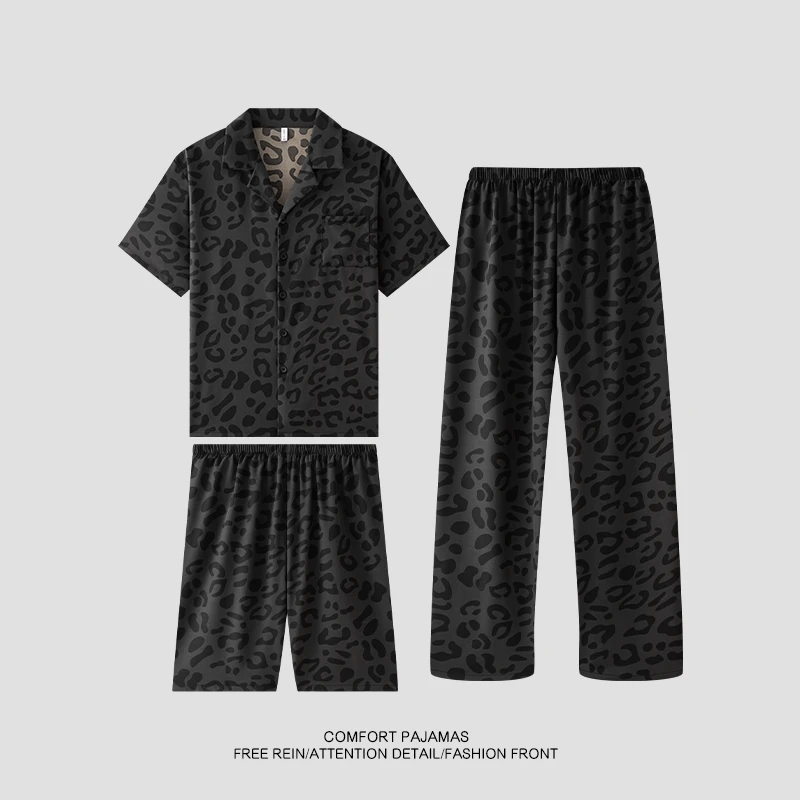 睡衣男士夏季翻领短袖长裤休闲春秋款冰雪丝家居服三件套装-25158