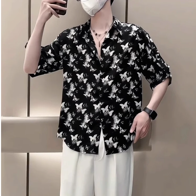 莱蒙璀夏季设计感印花衬衫男短袖潮流痞帅男装薄款半袖衬衣透气