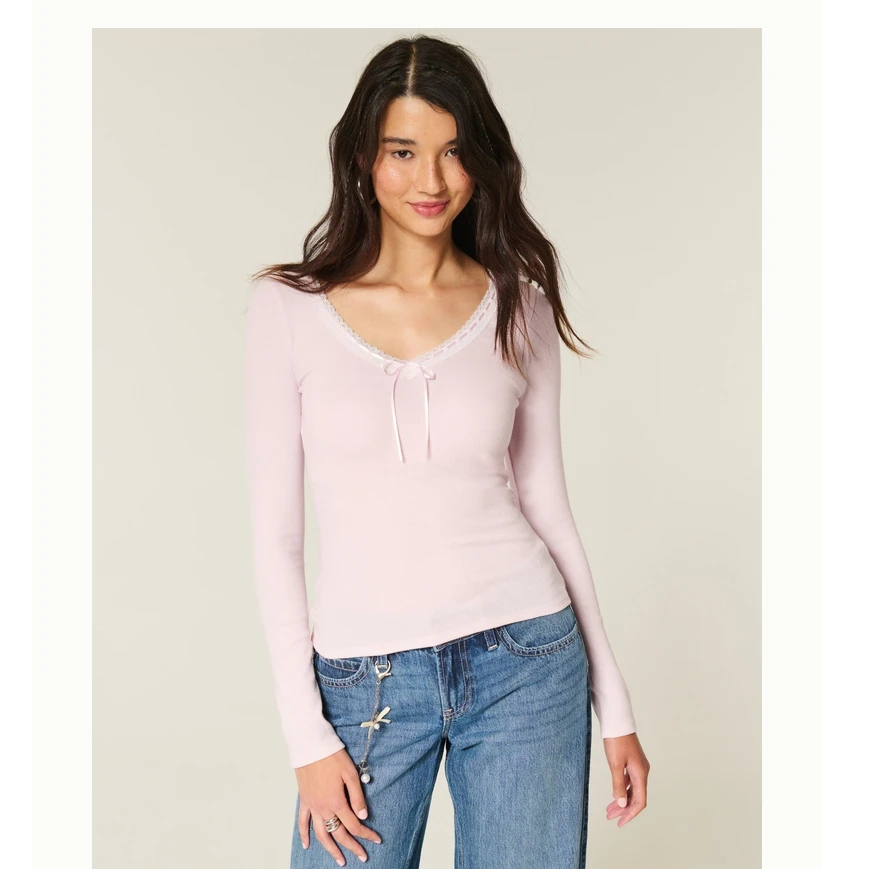 Hollister25秋季甜美修身蕾丝正肩长袖内搭T恤女装339-5253