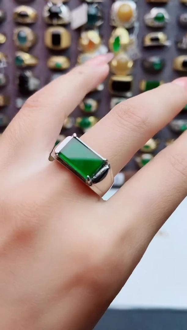 银S925镶嵌戒指翡翠天然翡翠男戒