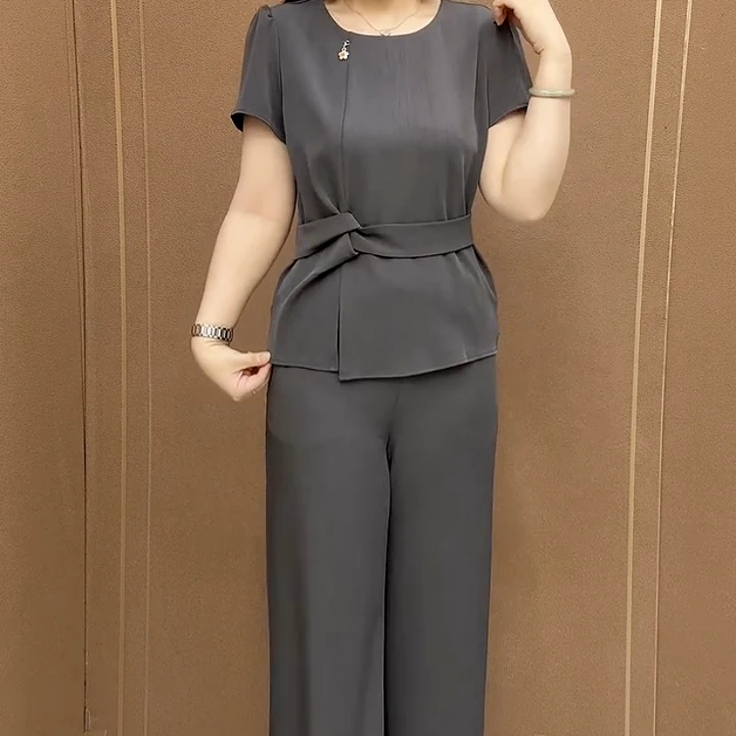 夏季时尚气质减龄净版圆领收腰短袖阔腿裤两件套遮肉显瘦女士套装