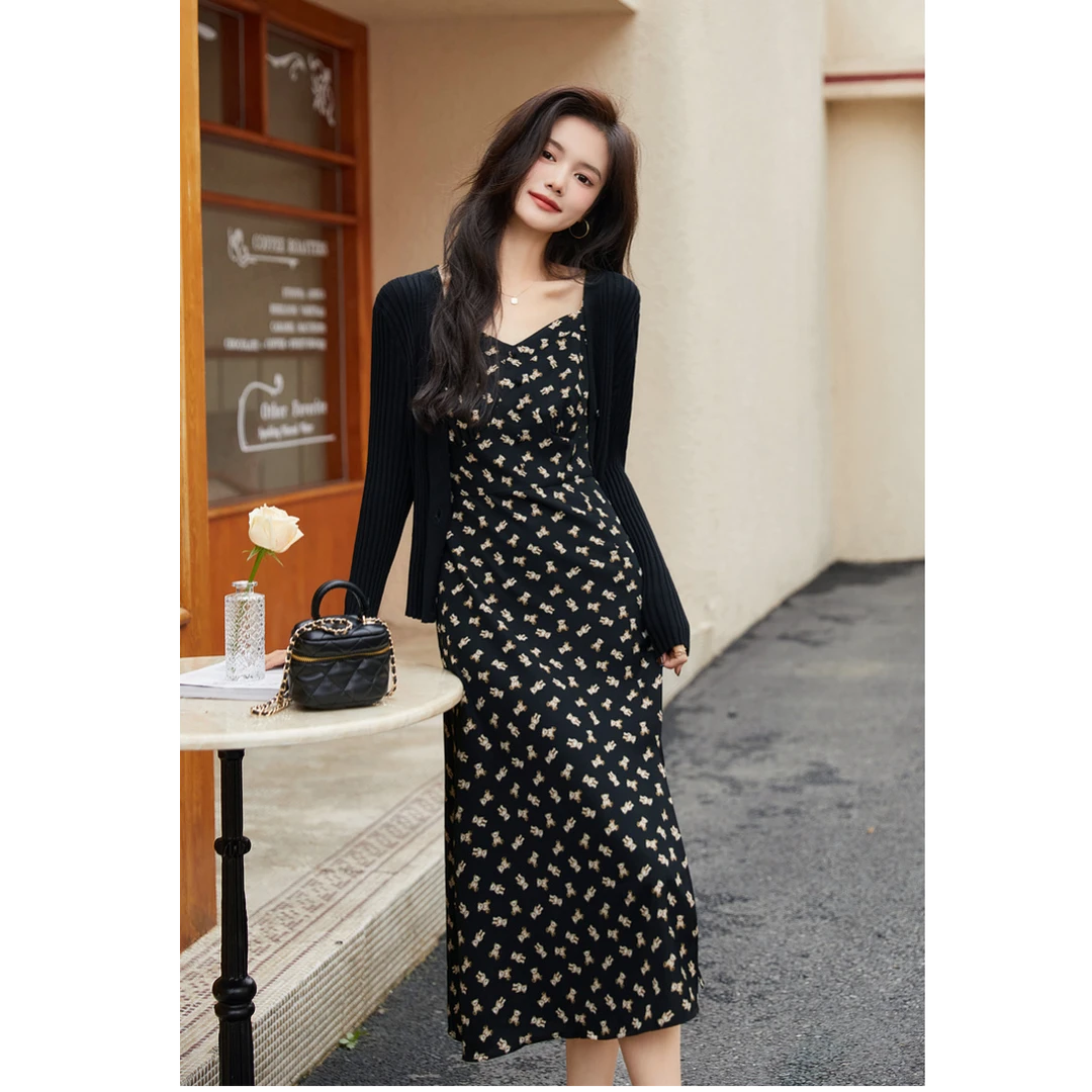 D100【欧家】春夏新款套装气质碎花吊带连衣裙遮肉黑色开衫裙子套装