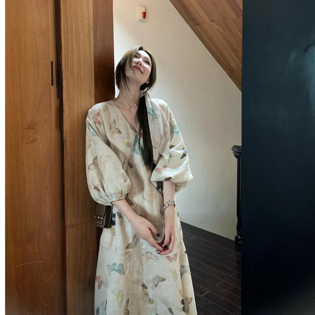 新中式碎花V领连衣裙子女夏季2024年新款高级感气质宽松显瘦长裙