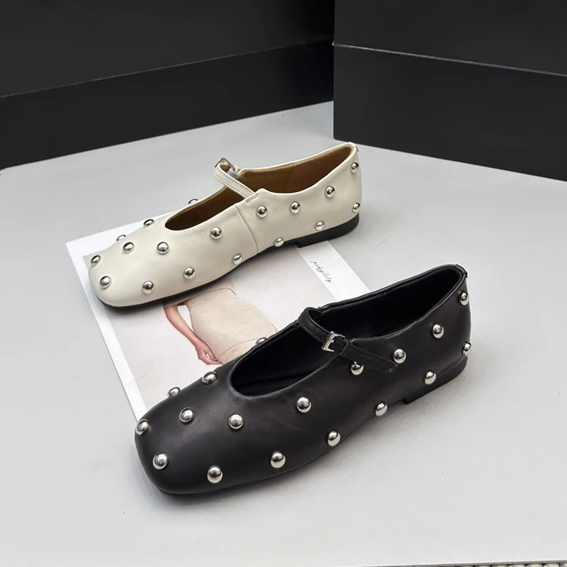 2137-8羊皮方头小皮鞋女2025新款真皮浅口芭蕾单鞋软平底奶奶鞋