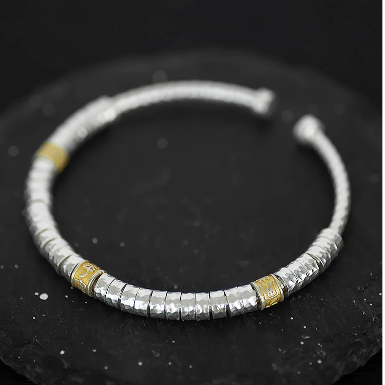 足银手镯 A02银9999腰缠万贯手镯女锤纹镯闭口描金祥云纹盘缠银镯