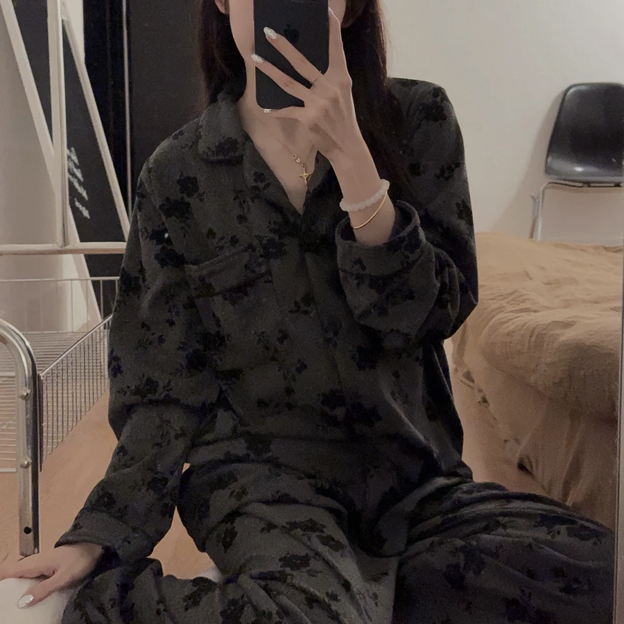 新款德绒睡衣女秋冬季暖暖绒简约休闲减龄韩版开衫女士家居服套装