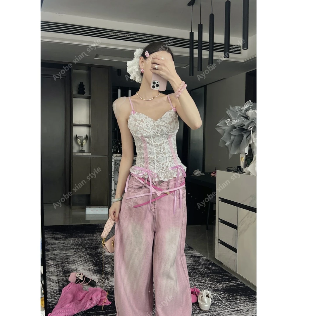 【Ayobe】法式甜心`浪漫粉系宫廷风蕾丝2025春季新款款吊带上衣打底