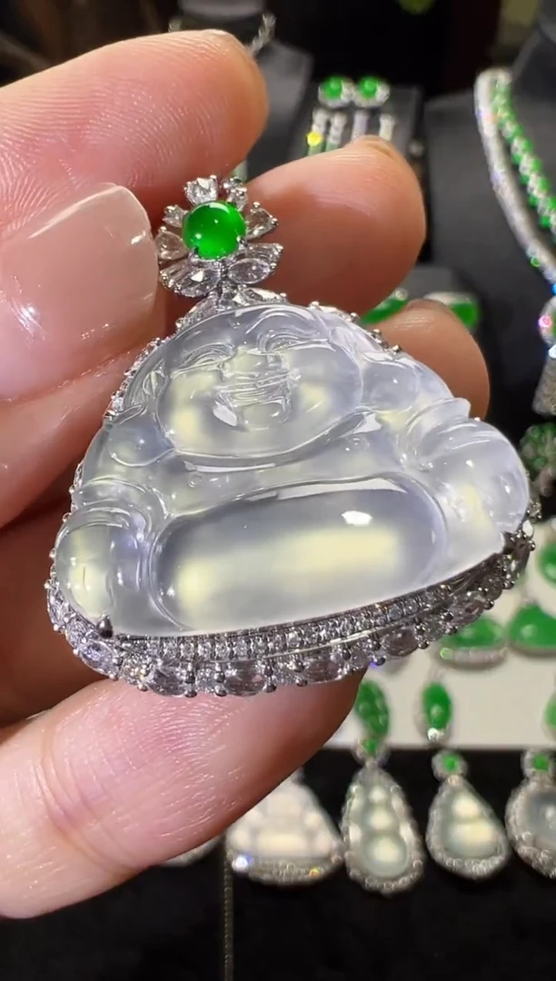 吊坠(不含链)18K金镶嵌翡翠高冰玻璃种佛公吊坠