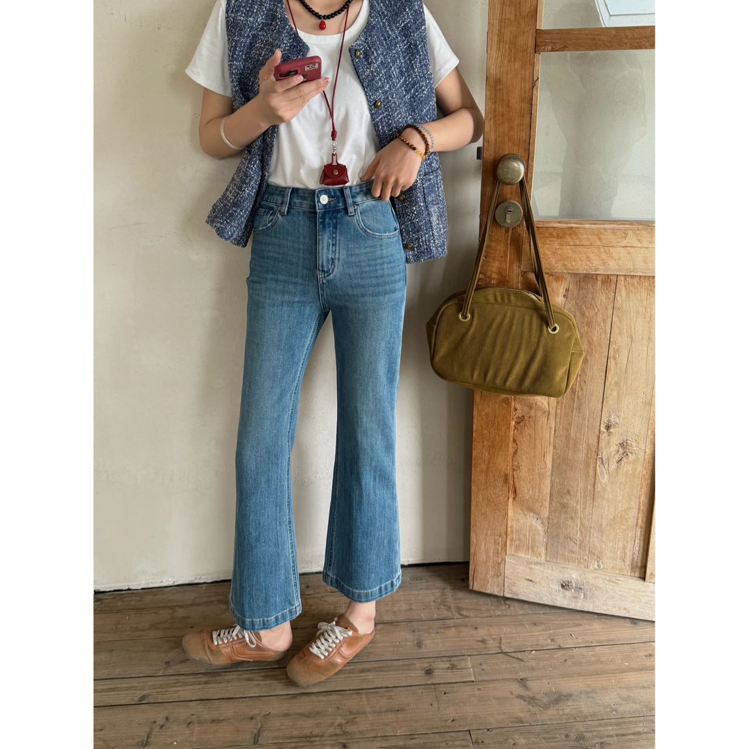 2025欧货春款小松菜25558现货正品韩版四面弹九分微喇裤牛仔裤女