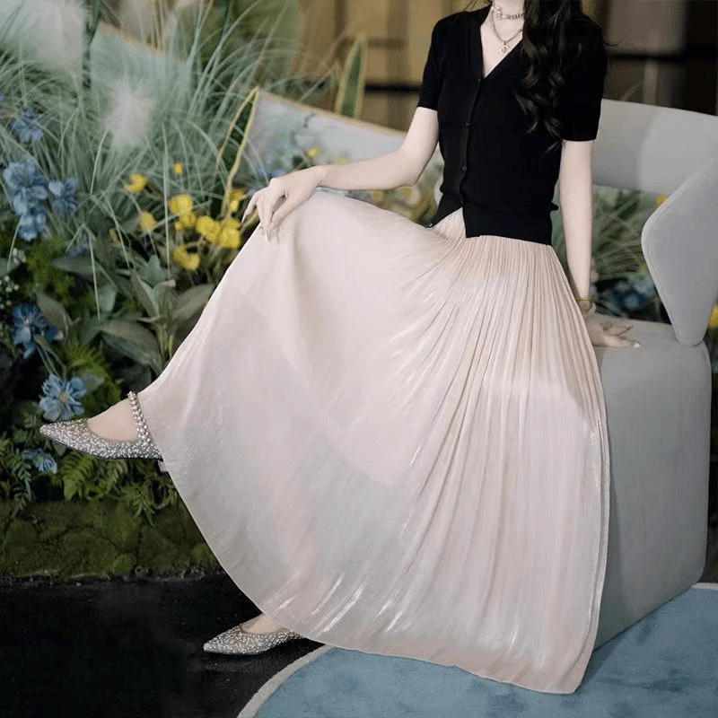 高级感流沙金半身裙女2024夏季垂感显瘦仙女纱裙遮垮飘逸字裙薄xq