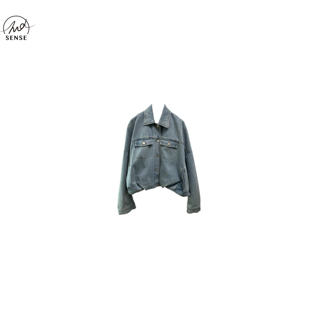 2NDSENS【简而不凡】立裁捏褶弧形花苞下摆短款廓形牛仔外套