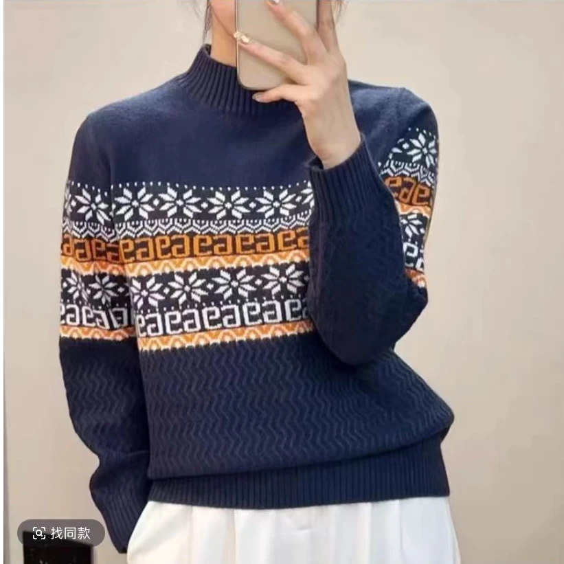 【雪花毛衣】163秋款半高领雪花拼色针织套头毛衣