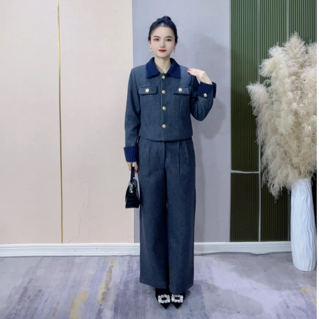 2024秋冬小个子定制时尚百搭显瘦夹棉毛呢外套直筒裤套装24060
