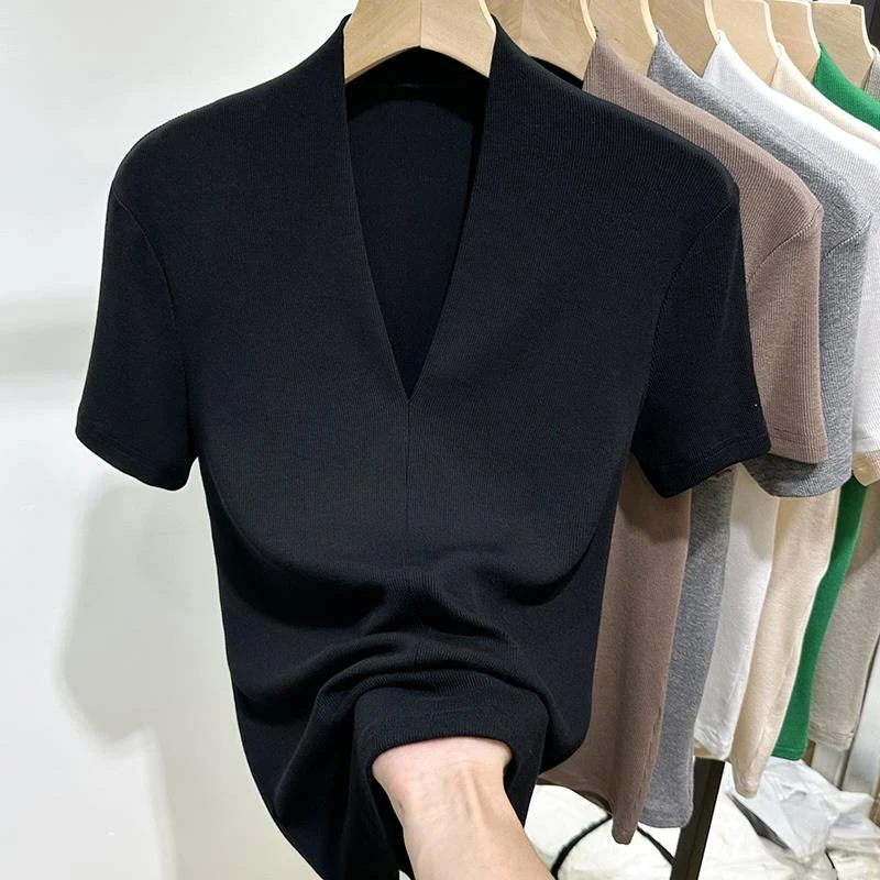 高弹力黑色V领短袖t恤女上衣2025春夏季新款设计女士加大打底上衣