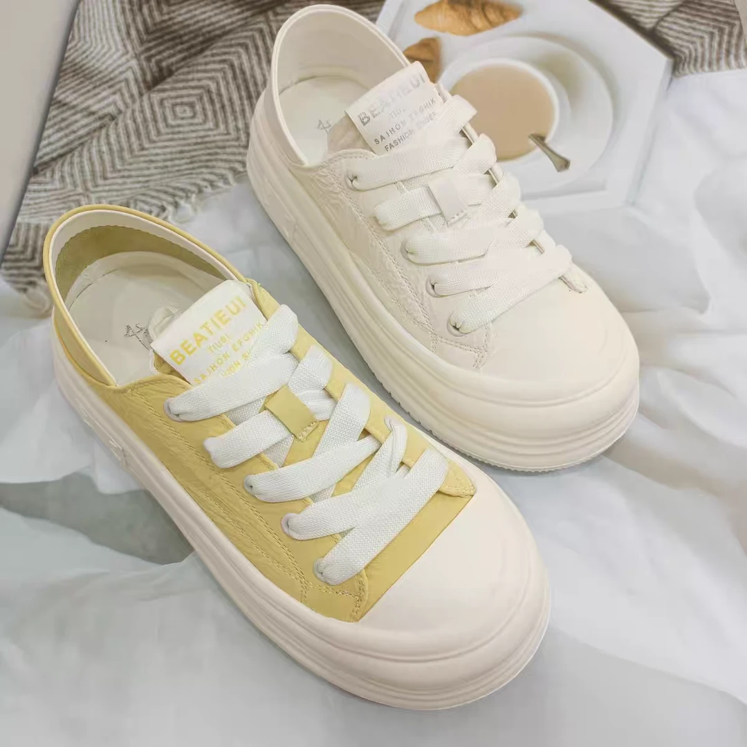 SHOUBA女士圆头夏季舒适低帮时尚休闲鞋透气系带时尚小白鞋