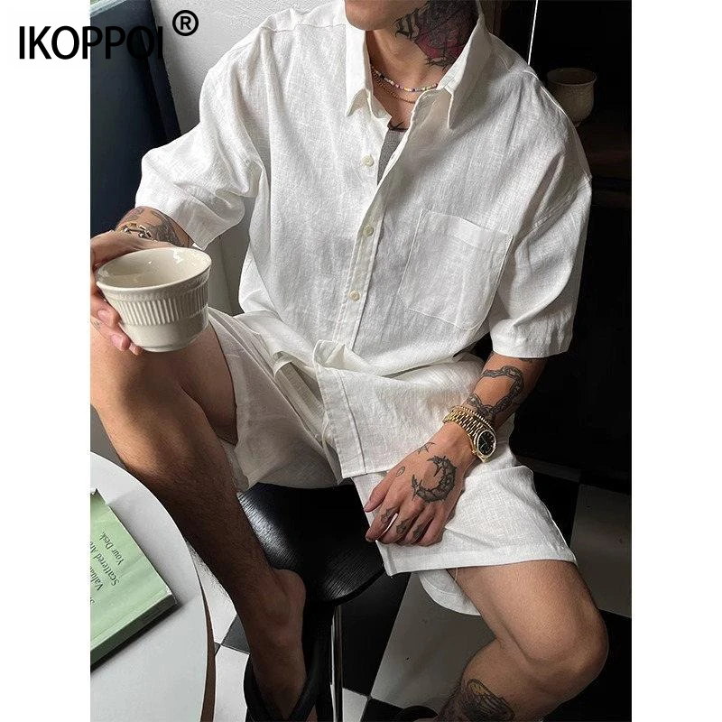 轻奢高级感亚麻面料短袖短裤套装男士夏季薄款复古休闲帅气衬衫潮