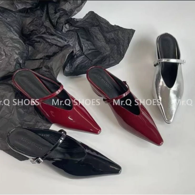 34-40码/跟高5cm/红黑银/法式气质尖头一字带包头拖鞋外穿百搭