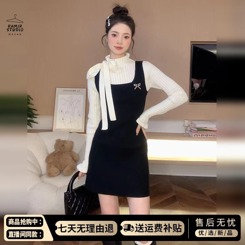 H476黑色假两件连衣裙子女早春季2025新款小香风气质修身内搭长裙